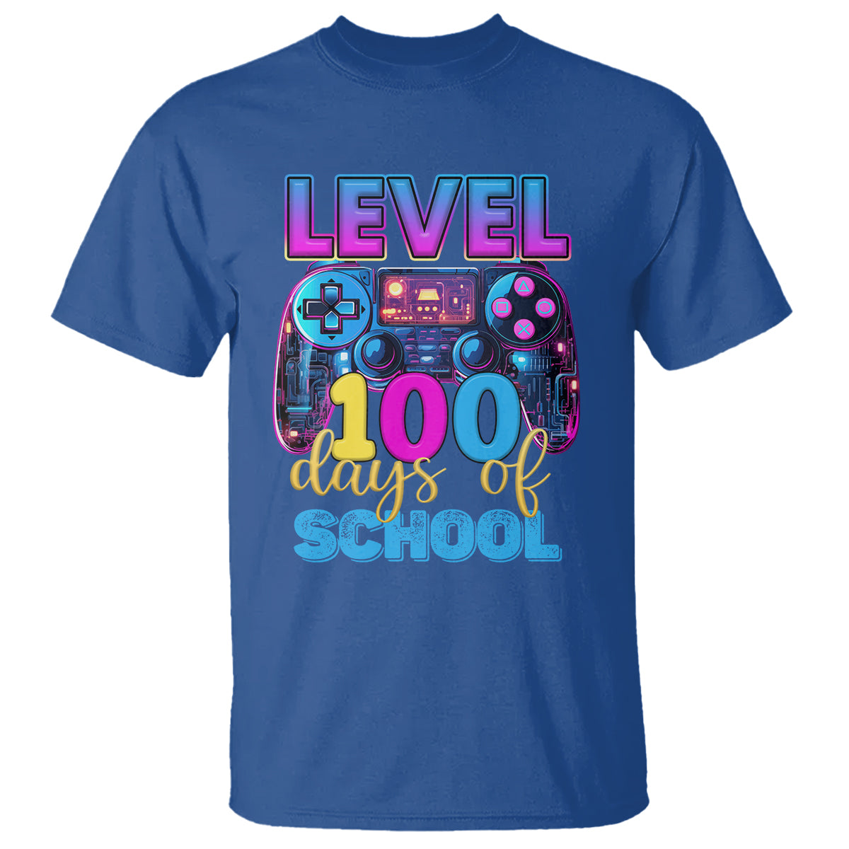 100 Days of School Gamer T Shirt Level 100 Unlocked Neon Game Controller - Wonder Print Shop
