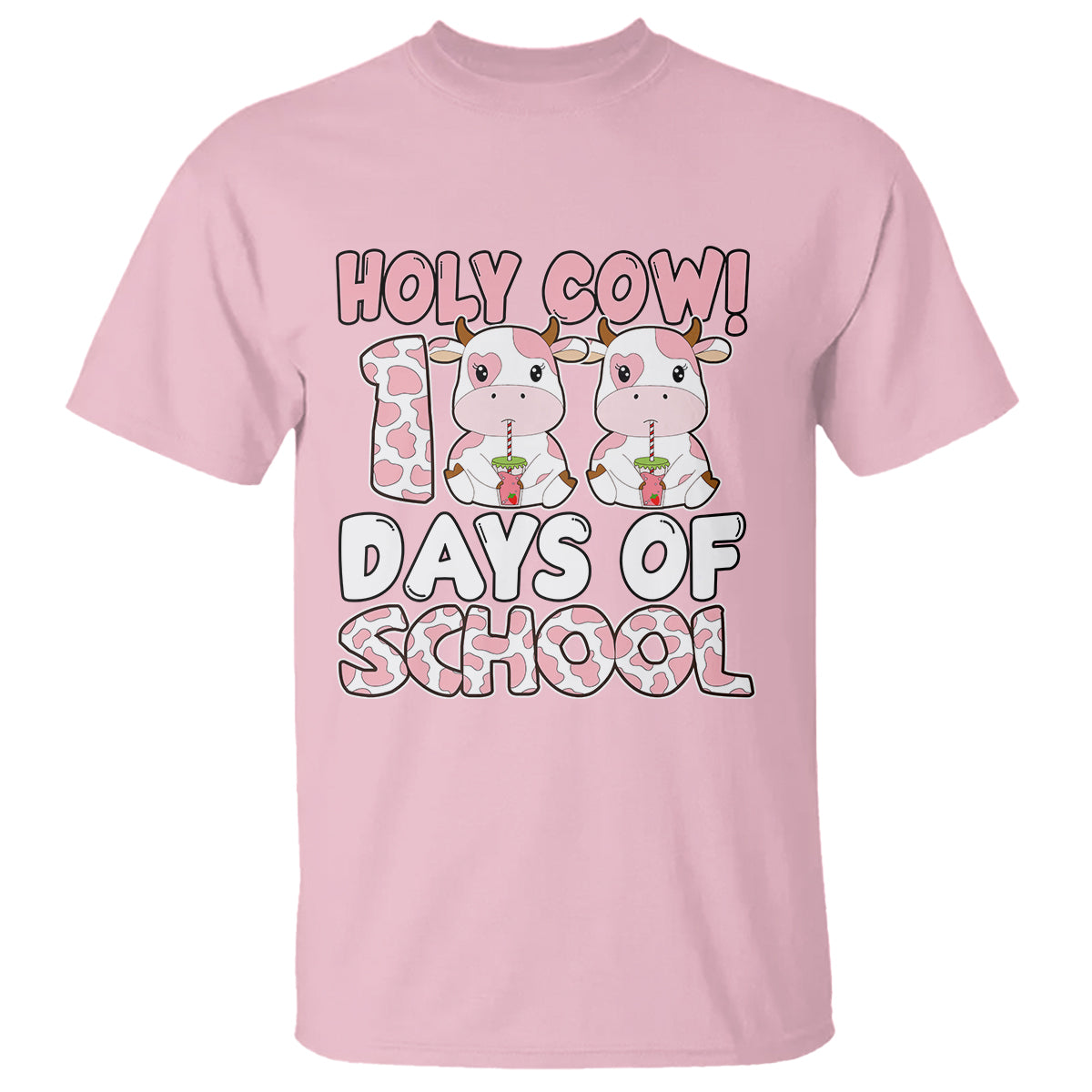 Holy Cow 100 Days of School T Shirt Cute Pink Dairy Cattle - Wonder Print Shop