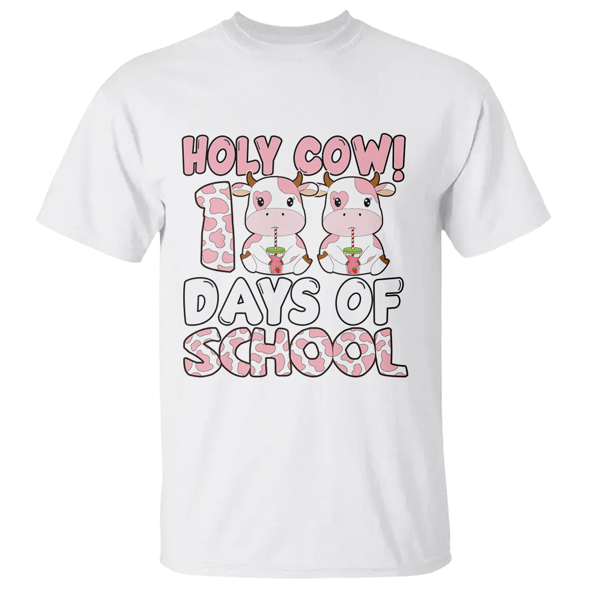 Holy Cow 100 Days of School T Shirt Cute Pink Dairy Cattle - Wonder Print Shop