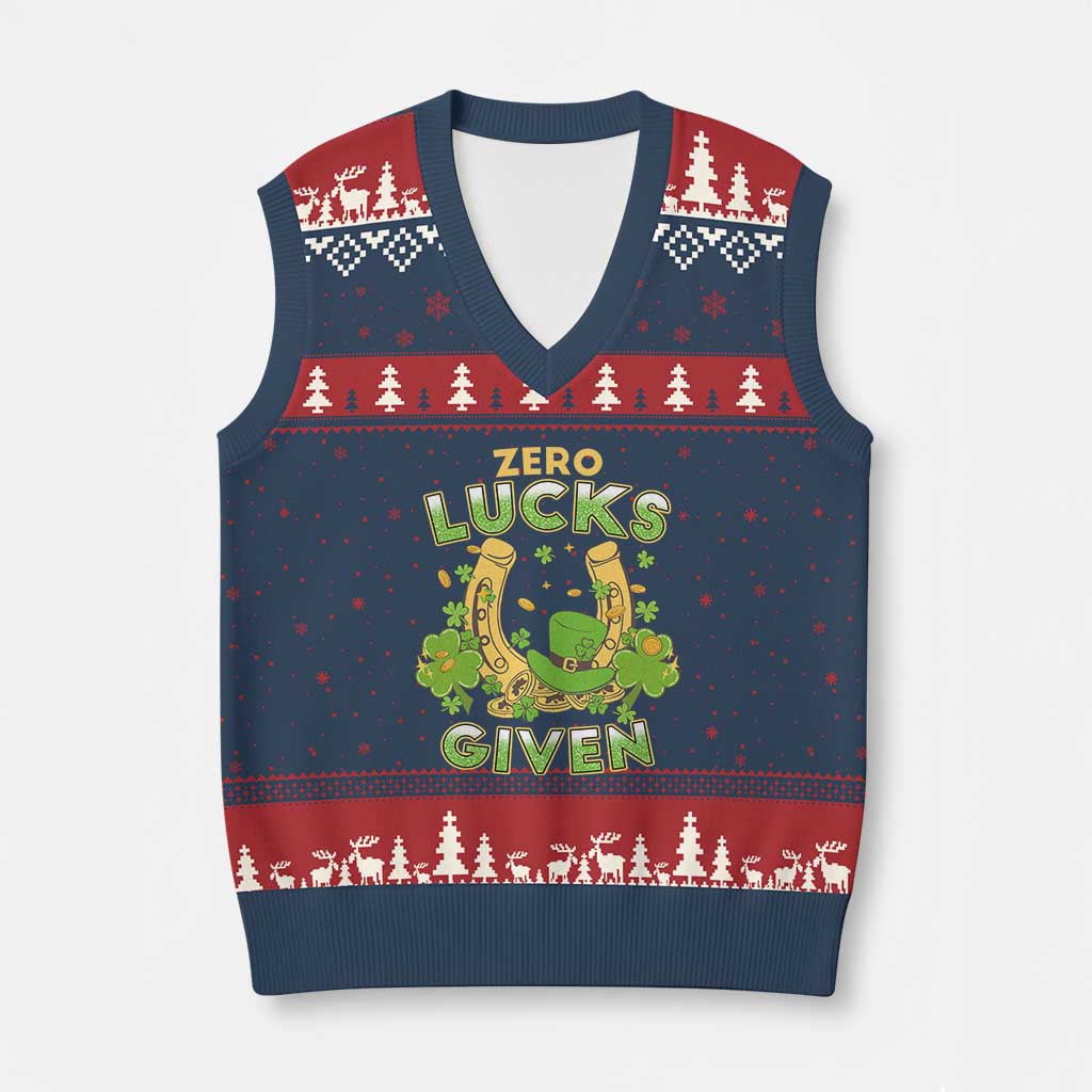 Funny St Patricks Day V-Neck Knit Sweater Vest Zero Lucks Given Irish Shamrock - Wonder Print Shop