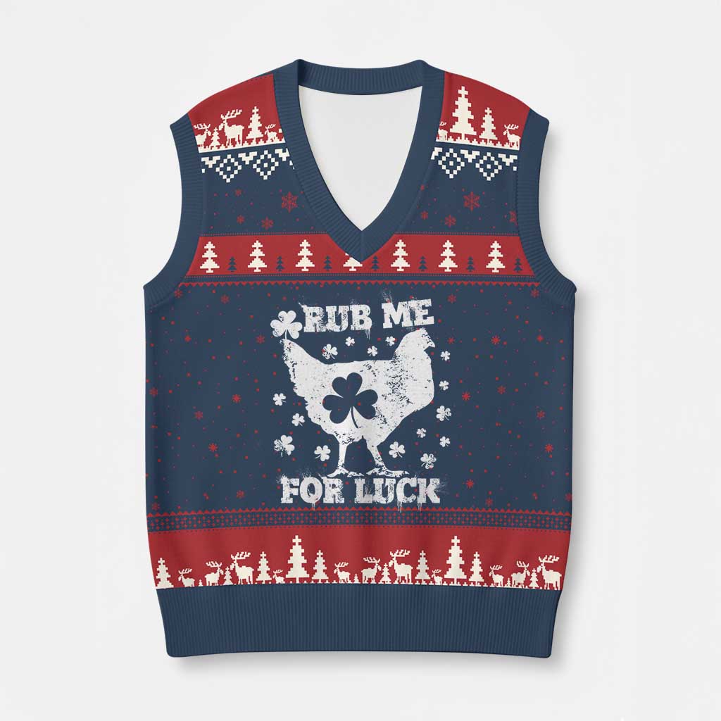 Funny St Patricks Day V-Neck Knit Sweater Vest Rub Me For Luck Shamrock Irish Cock Chicken - Wonder Print Shop