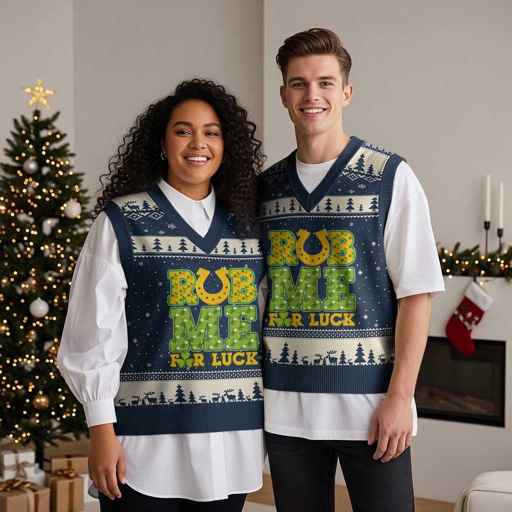 Funny St Patricks Day V-Neck Knit Sweater Vest Rub Me For Luck Shamrock Adult Humor - Wonder Print Shop