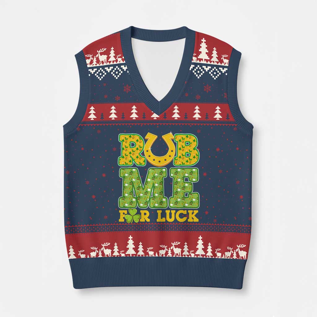 Funny St Patricks Day V-Neck Knit Sweater Vest Rub Me For Luck Shamrock Adult Humor - Wonder Print Shop