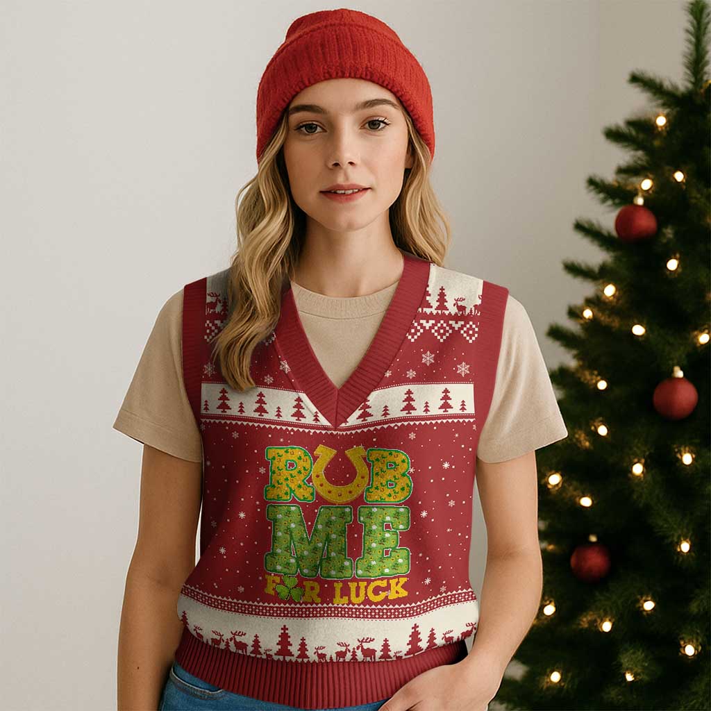 Funny St Patricks Day V-Neck Knit Sweater Vest Rub Me For Luck Shamrock Adult Humor - Wonder Print Shop