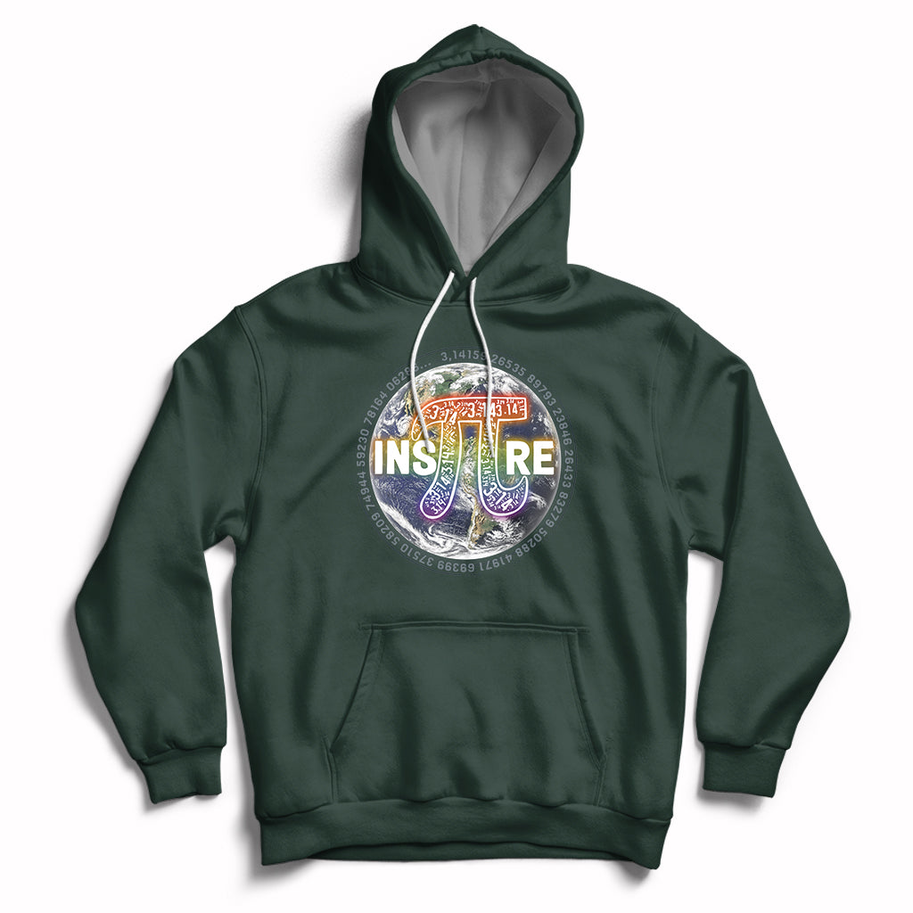 Math teacher hoodie in forest green with 3.14 Greek symbol and Inspire graphic