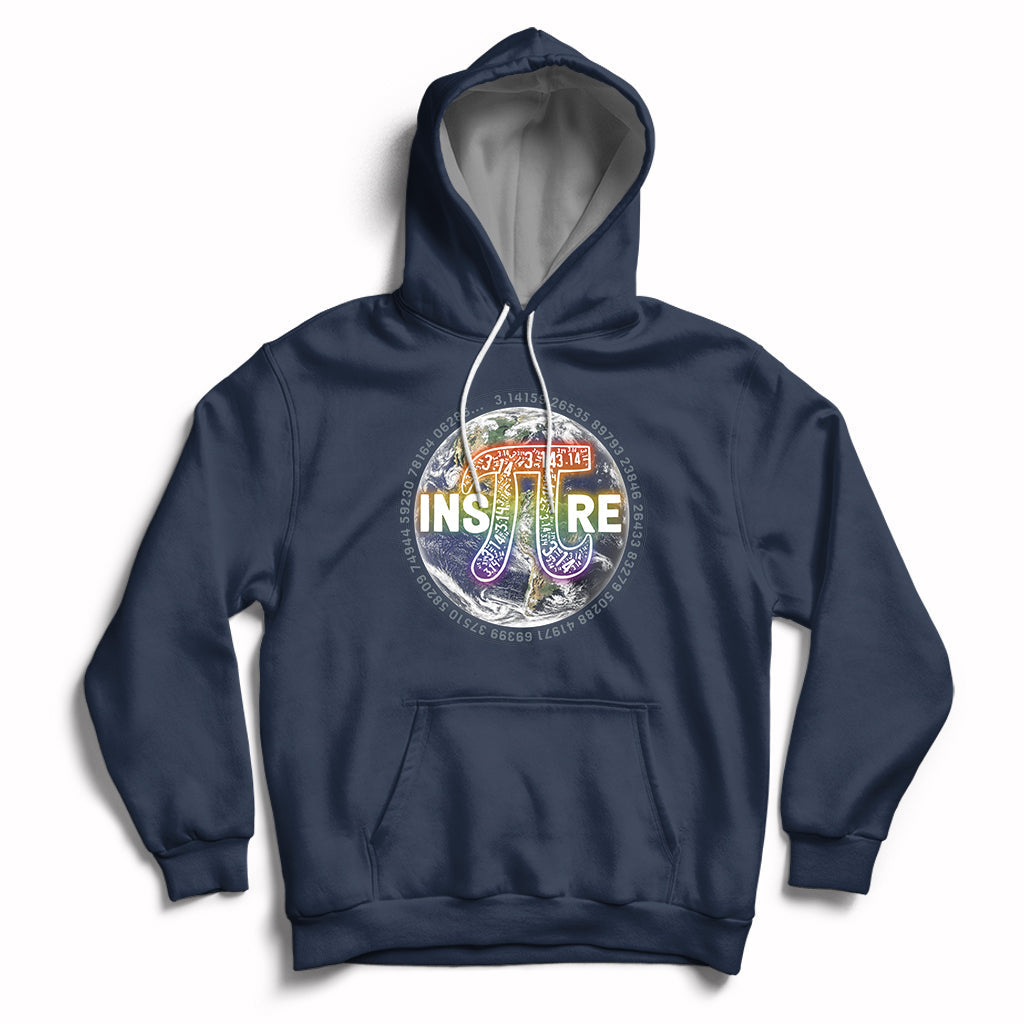 Math teacher hoodie in navy with 3.14 Greek symbol and Inspire graphic