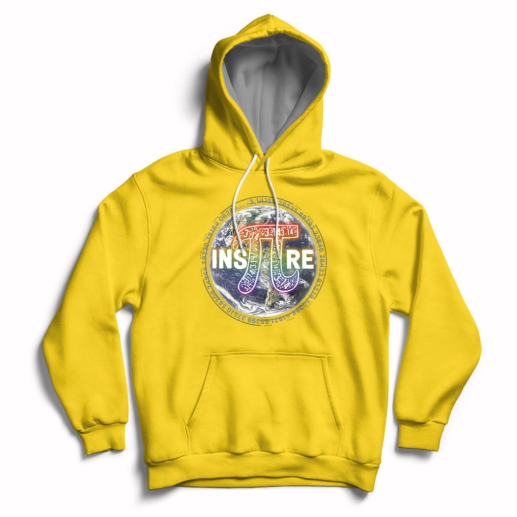 Math teacher hoodie in daisy yellow with 3.14 Greek symbol and Inspire graphic