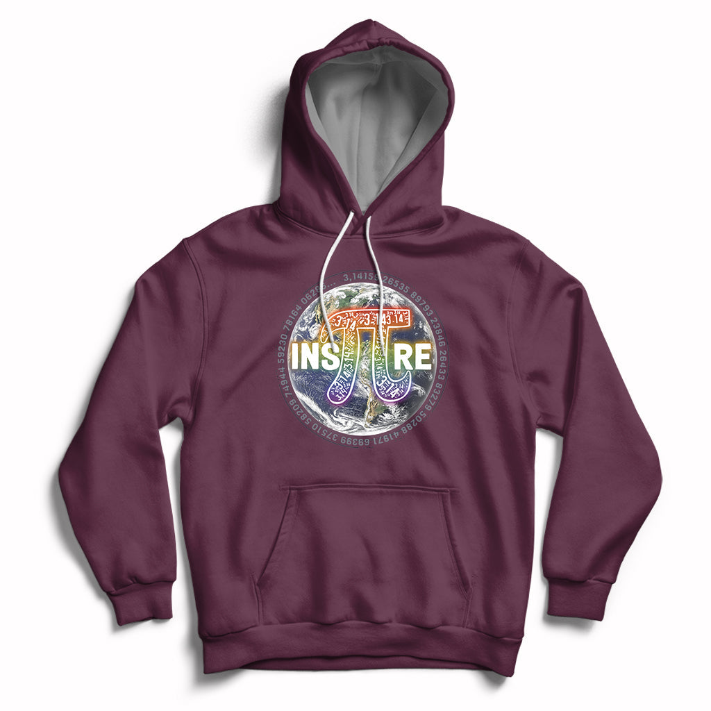 Math teacher hoodie in maroon with 3.14 Greek symbol and Inspire graphic