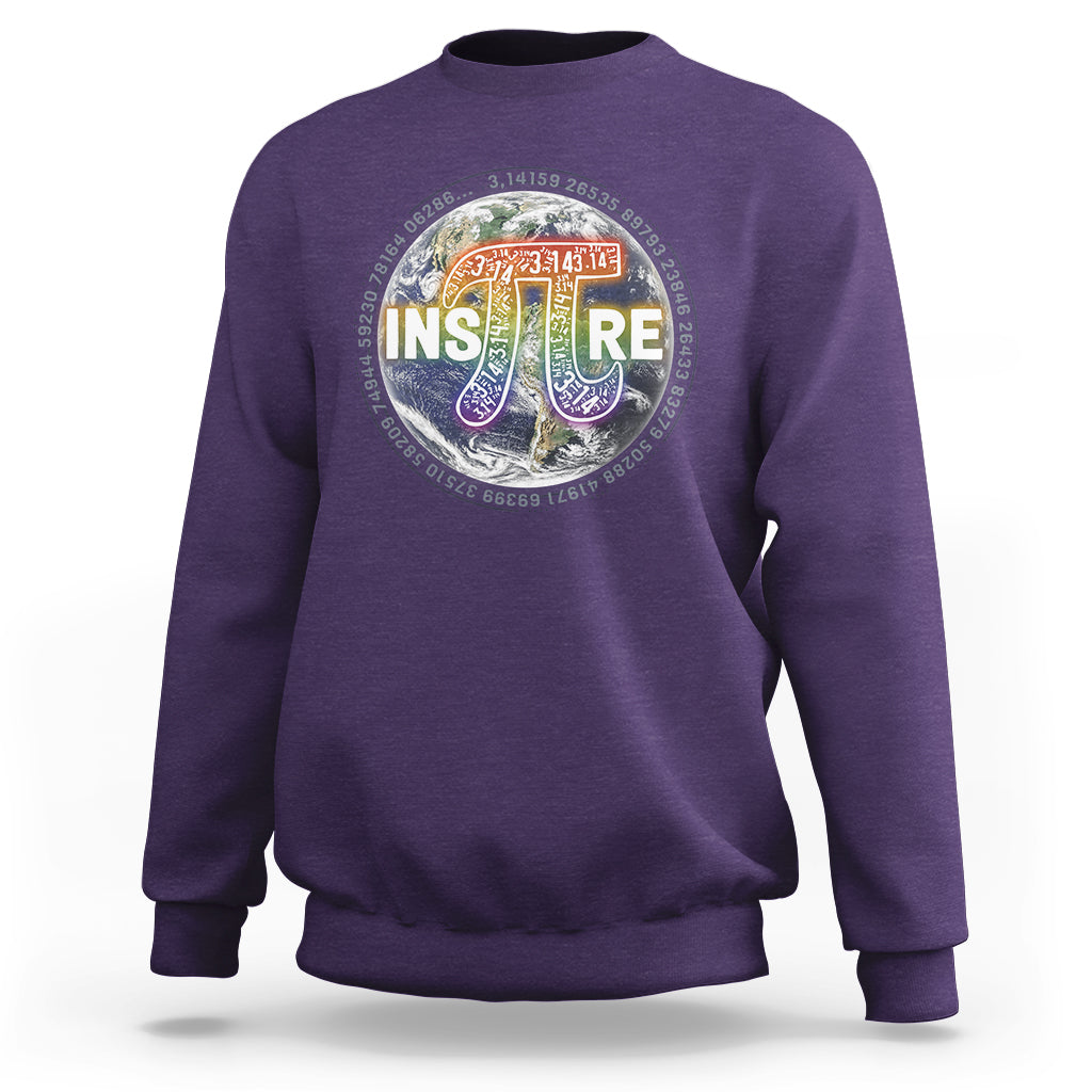 Purple crewneck sweatshirt with colorful math symbol graphic on chest