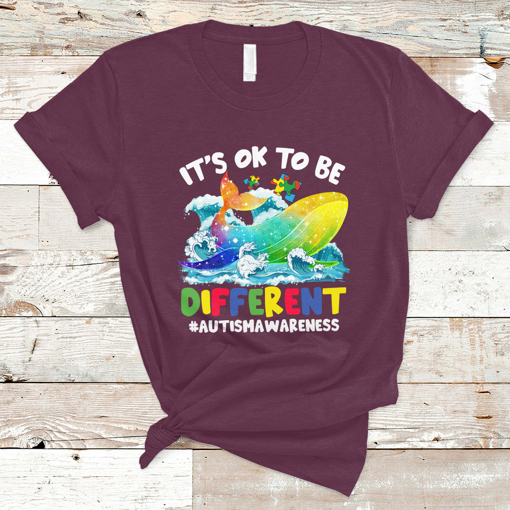 Autism Awareness T Shirt Autism Whale It's Ok To Be Different Support Squad Raise Awareness Mental Health - Wonder Print Shop