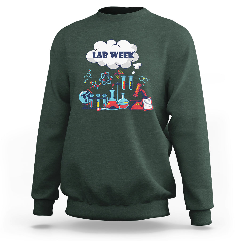Dark forest green lab-themed sweatshirt with 'LAB WEEK' science beaker graphic