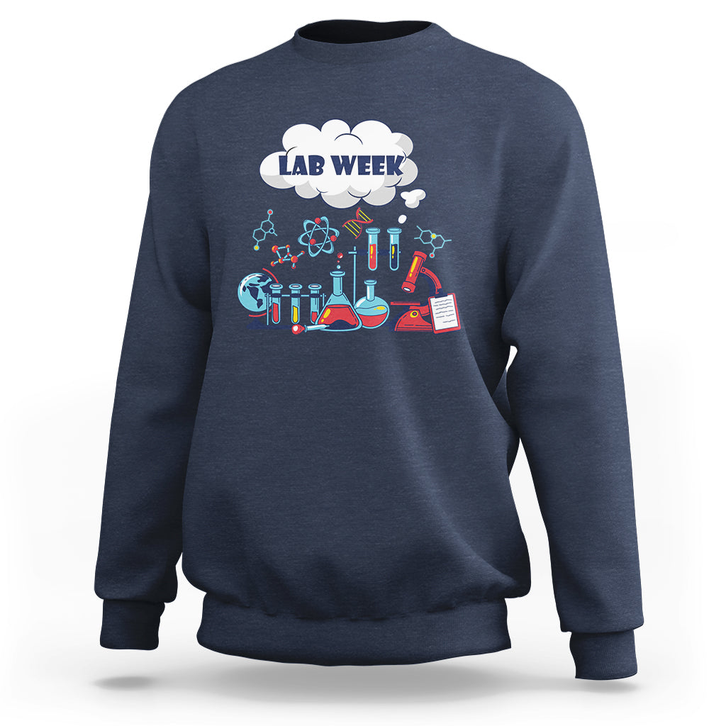 Navy lab-themed sweatshirt with 'LAB WEEK' science beaker graphic