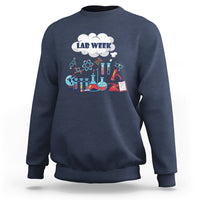 Navy lab-themed sweatshirt with 'LAB WEEK' science beaker graphic