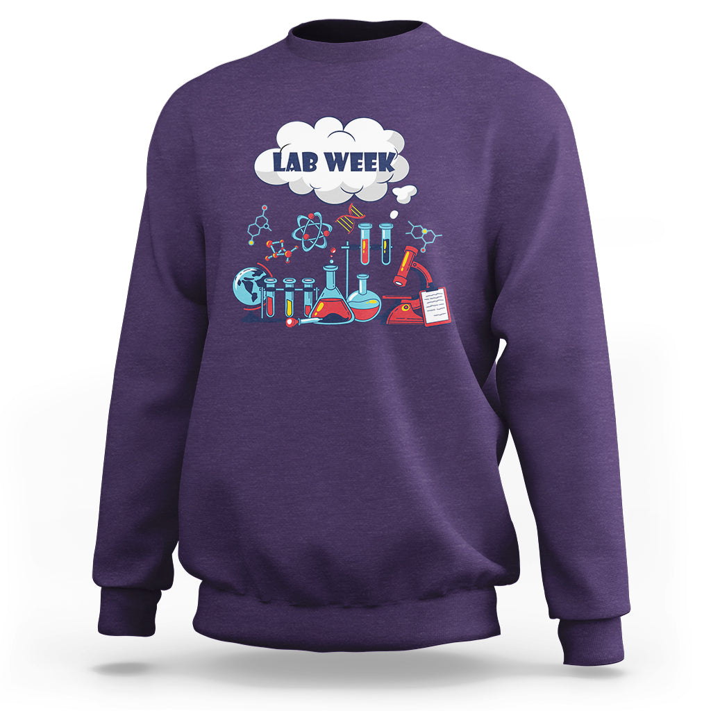 Purple lab-themed sweatshirt with 'LAB WEEK' science beaker graphic