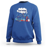 Royal blue lab-themed sweatshirt with 'LAB WEEK' science beaker graphic