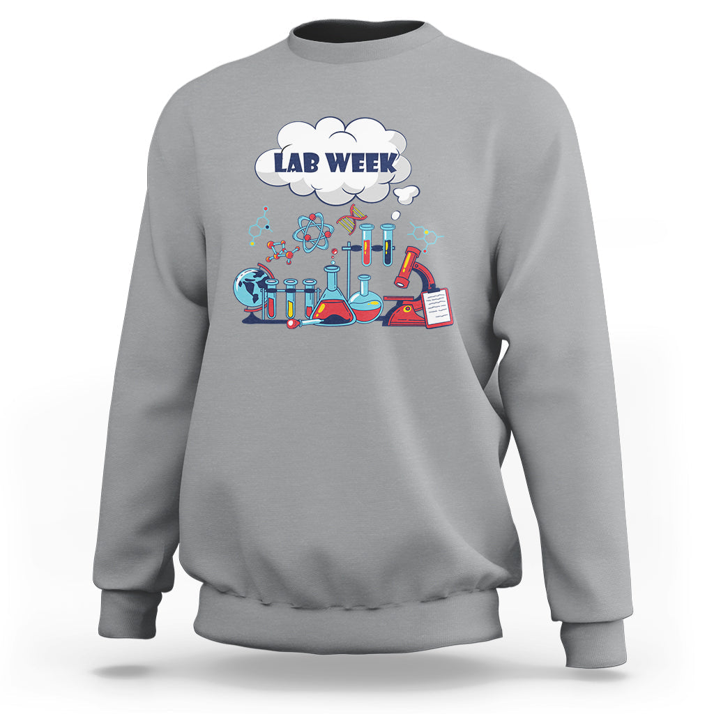 Sport gray lab-themed sweatshirt with 'LAB WEEK' science beaker graphic
