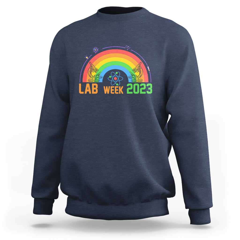 Crewneck lab sweatshirt in navy with Lab Week 2023 rainbow graphic
