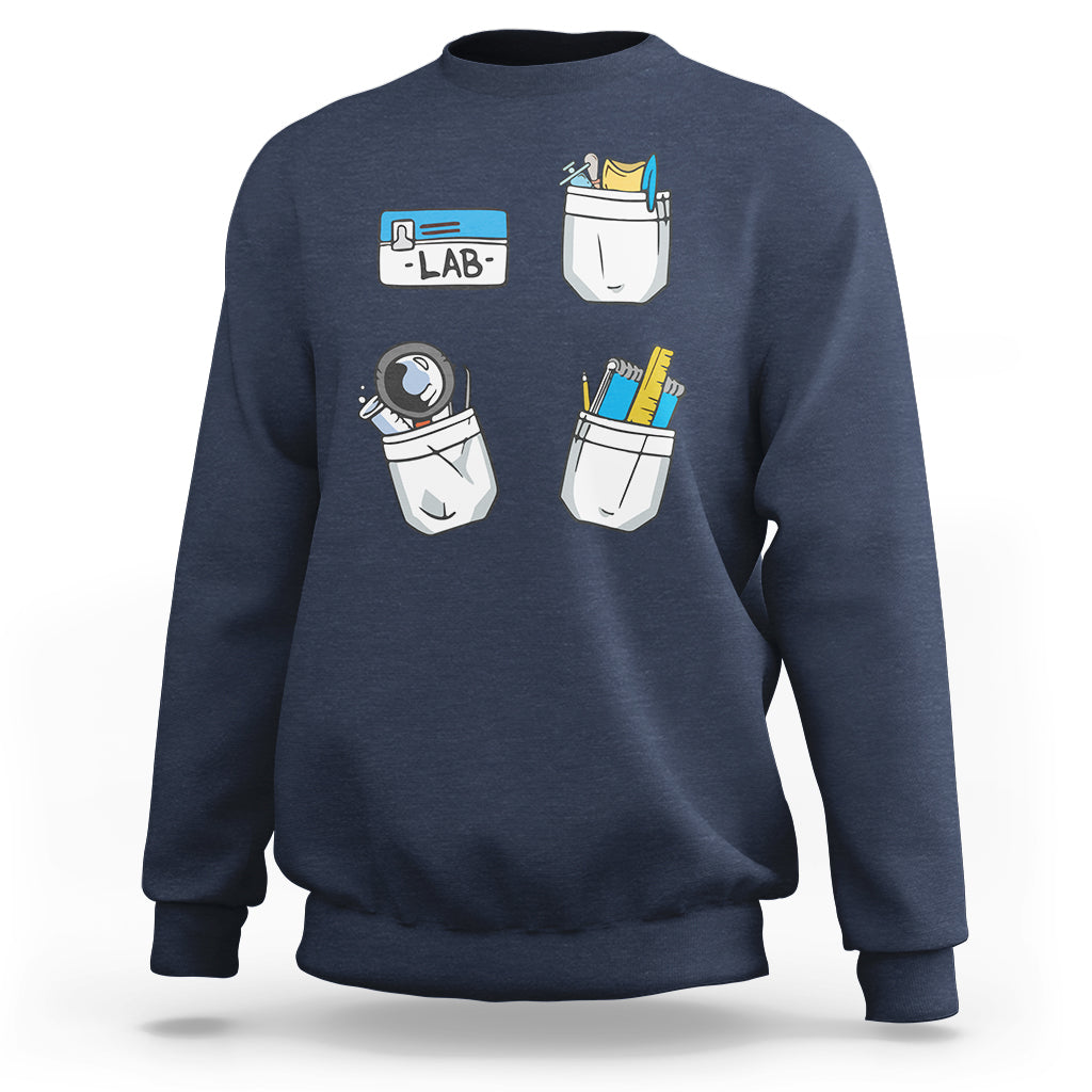 Navy crewneck sweatshirt with lab tech graphic on front