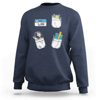 Navy crewneck sweatshirt with lab tech graphic on front