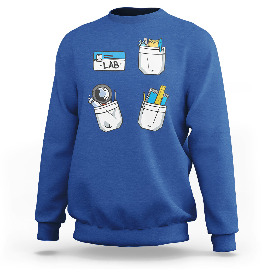 Royal blue crewneck sweatshirt with lab tech graphic on front