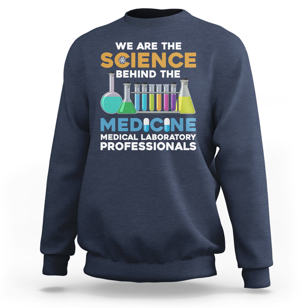 Navy medical lab tech sweatshirt with colorful science and medicine graphic