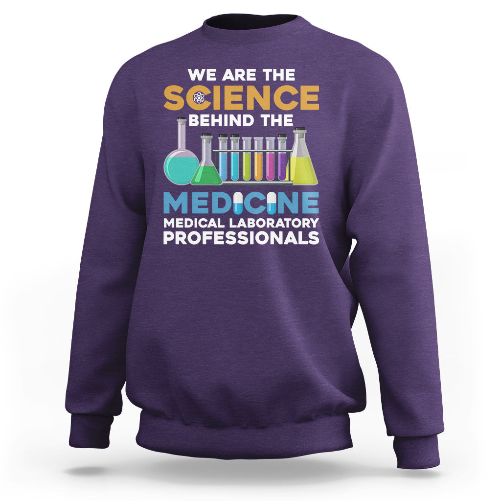Purple medical lab tech sweatshirt with colorful science and medicine graphic
