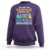Purple medical lab tech sweatshirt with colorful science and medicine graphic