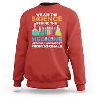 Red medical lab tech sweatshirt with colorful science and medicine graphic