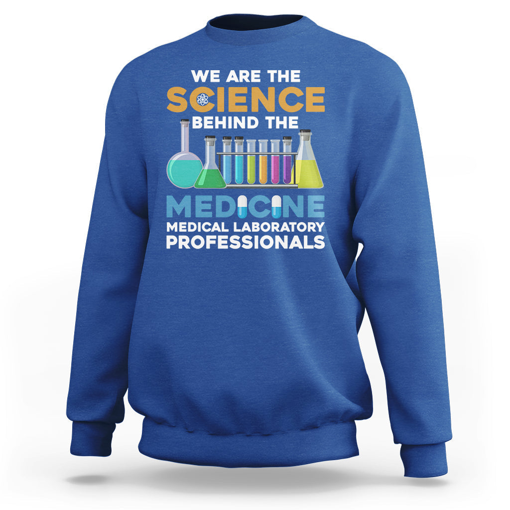 Royal blue medical lab tech sweatshirt with colorful science and medicine graphic