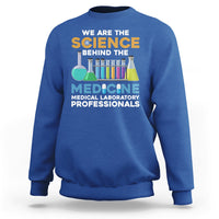 Royal blue medical lab tech sweatshirt with colorful science and medicine graphic