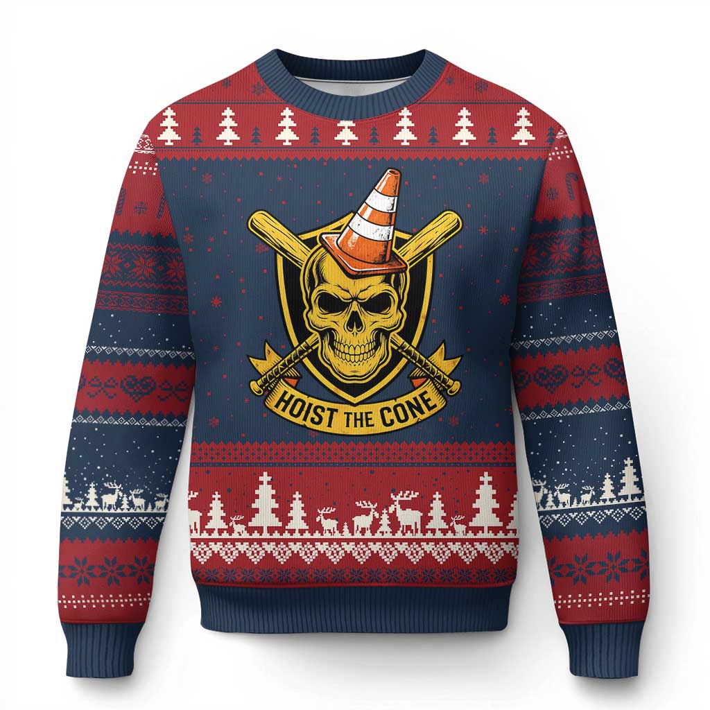 Funny Hoist The Cone Skull Ugly Christmas Sweater IYKYK Meme Gritty Victory Celebration Sports Fan