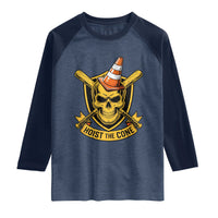 Funny Hoist The Cone Skull Raglan Shirt IYKYK Meme Gritty Victory Celebration Sports Fan