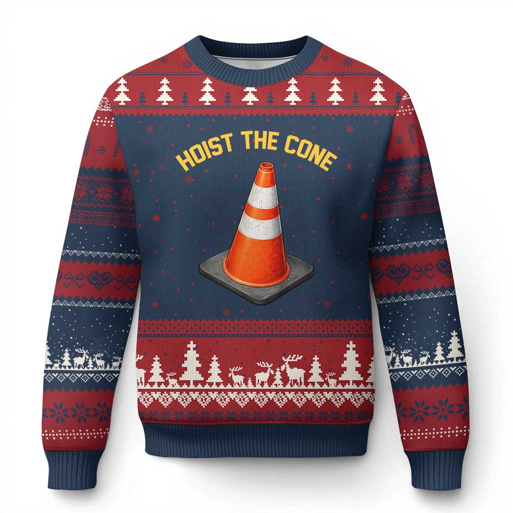Vintage Hoist The Cone Victory Graphic Ugly Christmas Sweater Funny Baseball Fan Pride Celebration IYKYK Meme