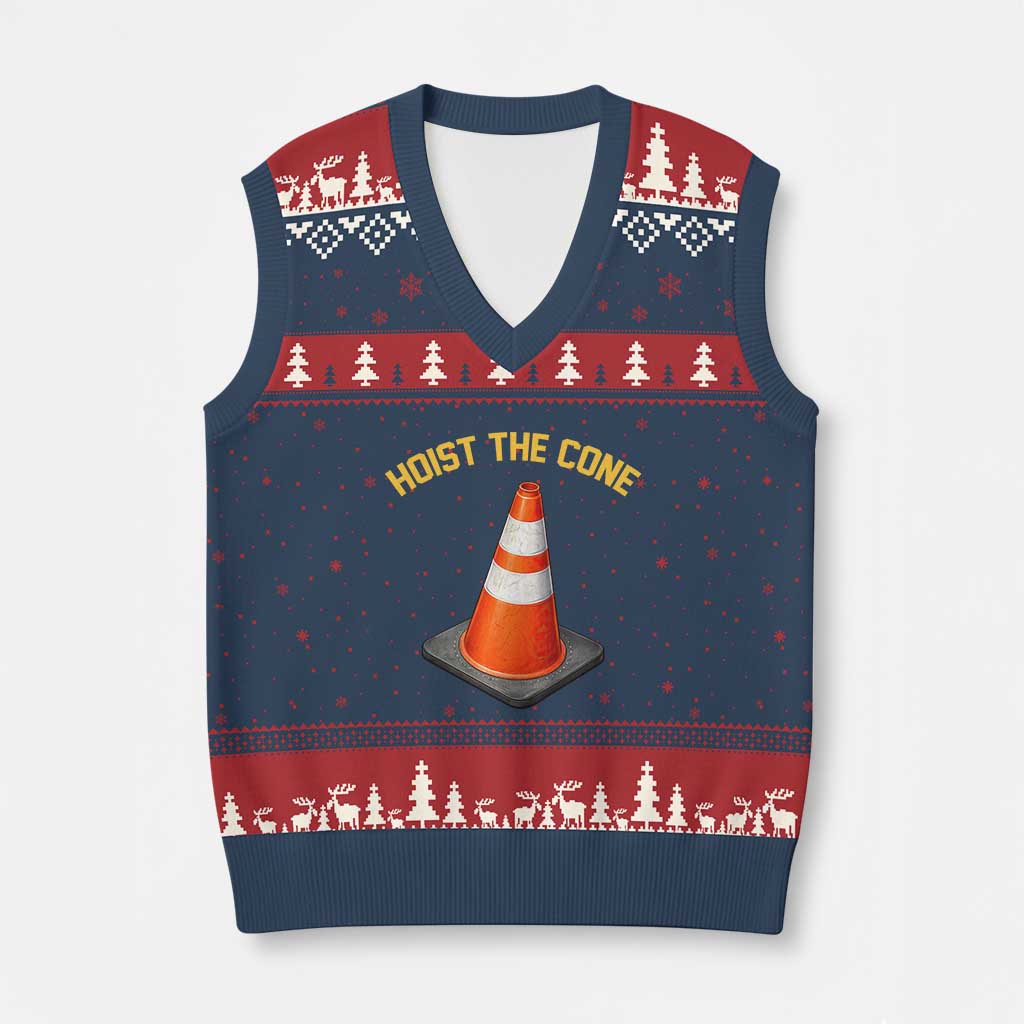 Vintage Hoist The Cone Victory Graphic V-Neck Knit Sweater Vest Funny Baseball Fan Pride Celebration IYKYK Meme