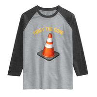 Vintage Hoist The Cone Victory Graphic Raglan Shirt Funny Baseball Fan Pride Celebration IYKYK Meme