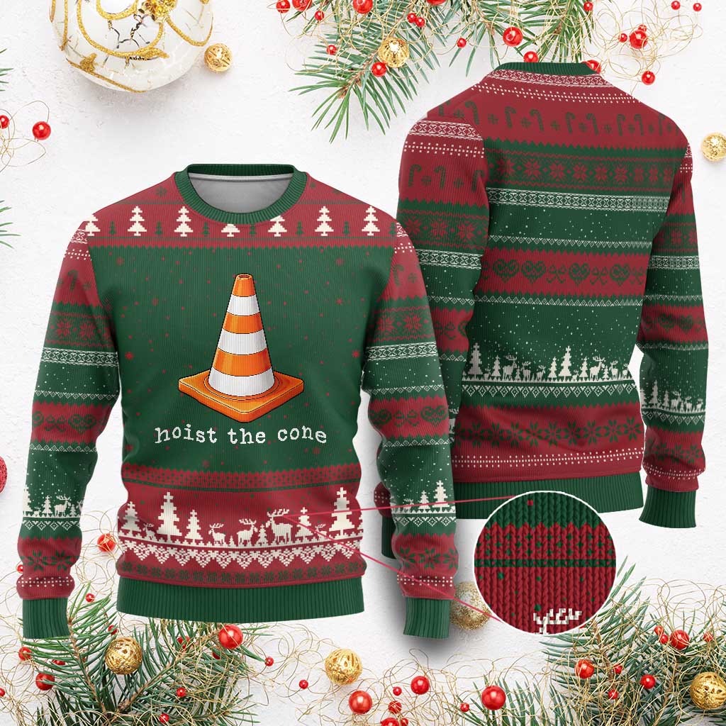Minimalist Hoist The Cone Typography Ugly Christmas Sweater Funny Baseball Fan Pride Celebration IYKYK Meme