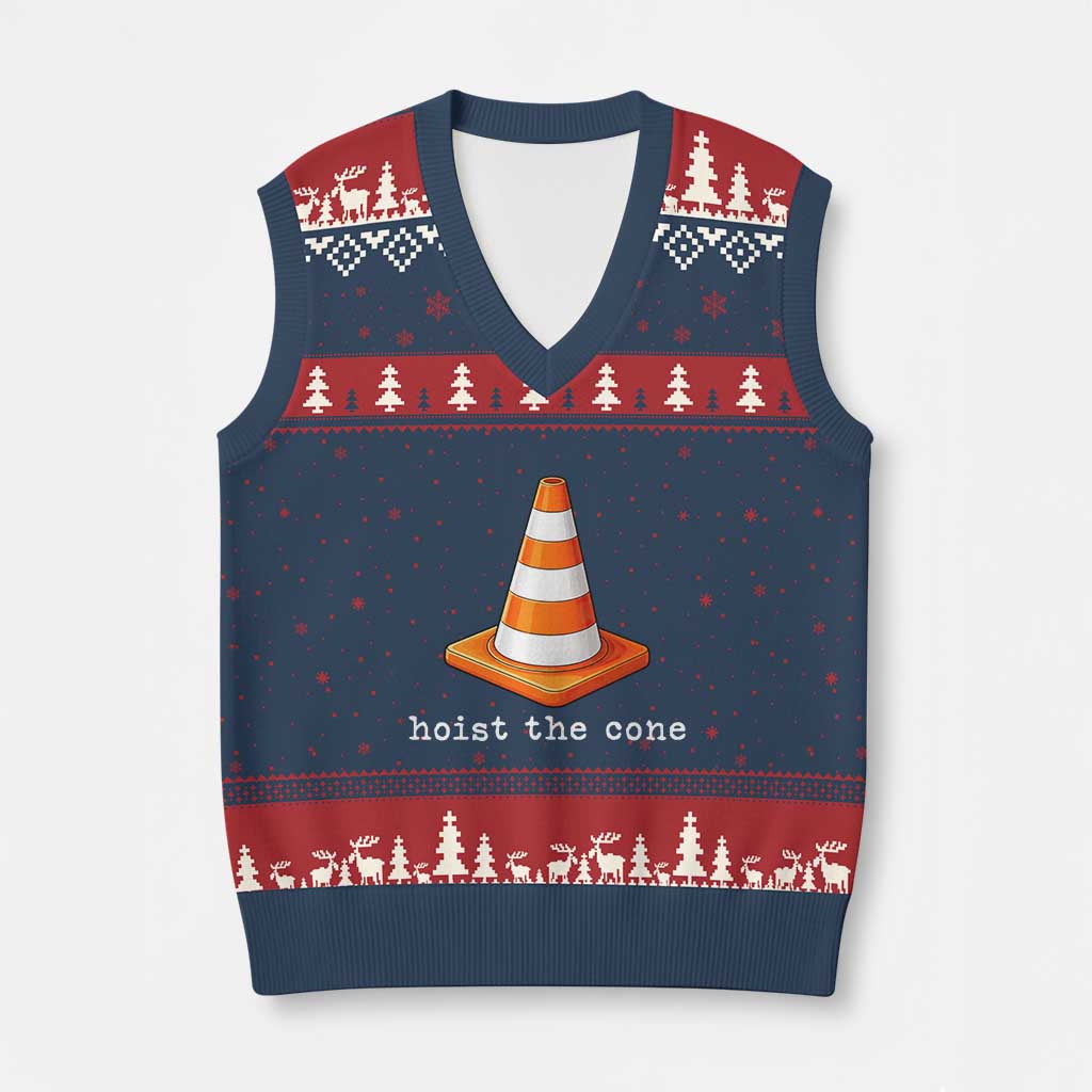 Minimalist Hoist The Cone Typography V-Neck Knit Sweater Vest Funny Baseball Fan Pride Celebration IYKYK Meme