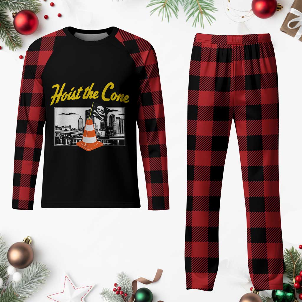 Pittsburgh Skyline Victory Hoist The Cone Meme Plaid Pajama Set Funny Sports Fan Celebration