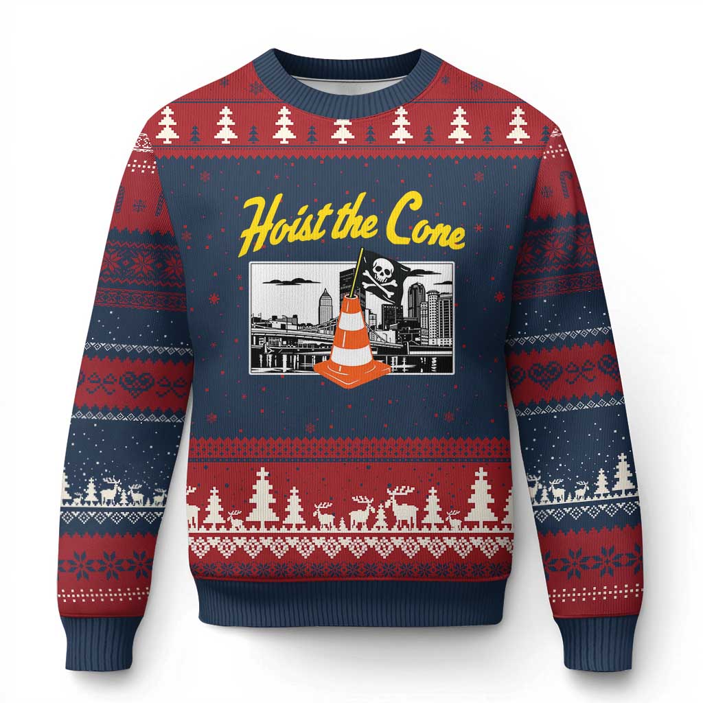 Pittsburgh Skyline Victory Hoist The Cone Meme Ugly Christmas Sweater Funny Sports Fan Celebration