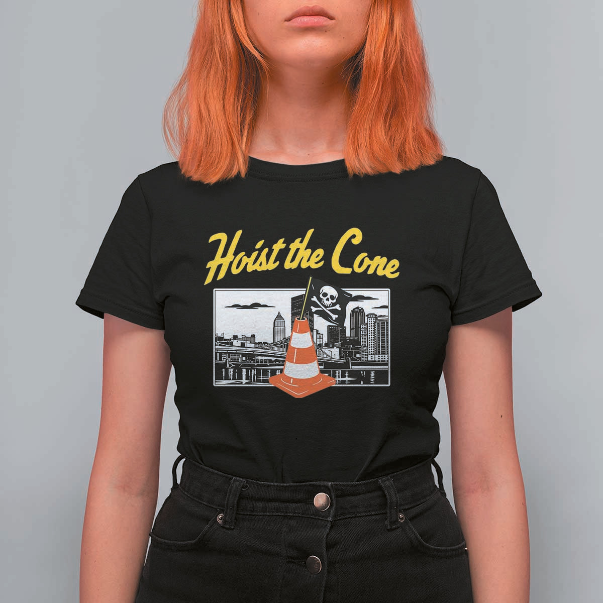 Pittsburgh Skyline Victory Hoist The Cone Meme T Shirt For Women Funny Sports Fan Celebration