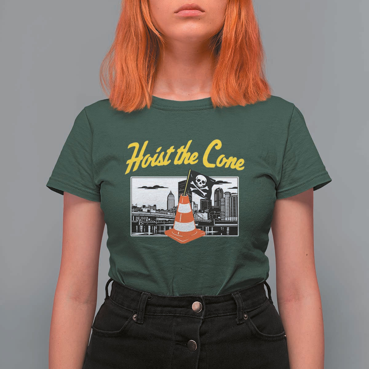 Pittsburgh Skyline Victory Hoist The Cone Meme T Shirt For Women Funny Sports Fan Celebration