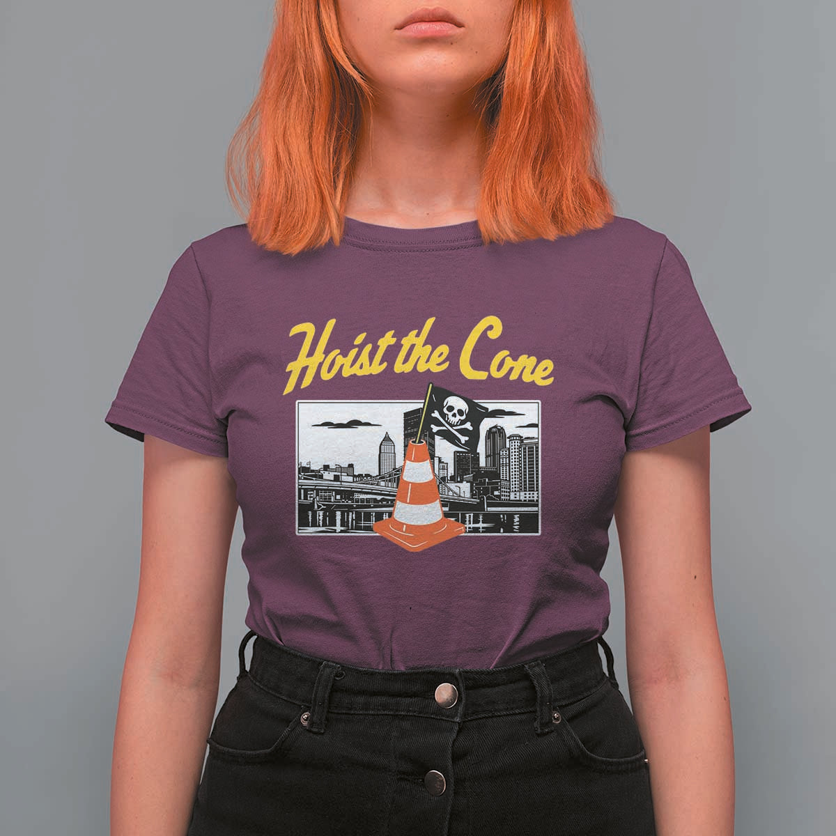 Pittsburgh Skyline Victory Hoist The Cone Meme T Shirt For Women Funny Sports Fan Celebration