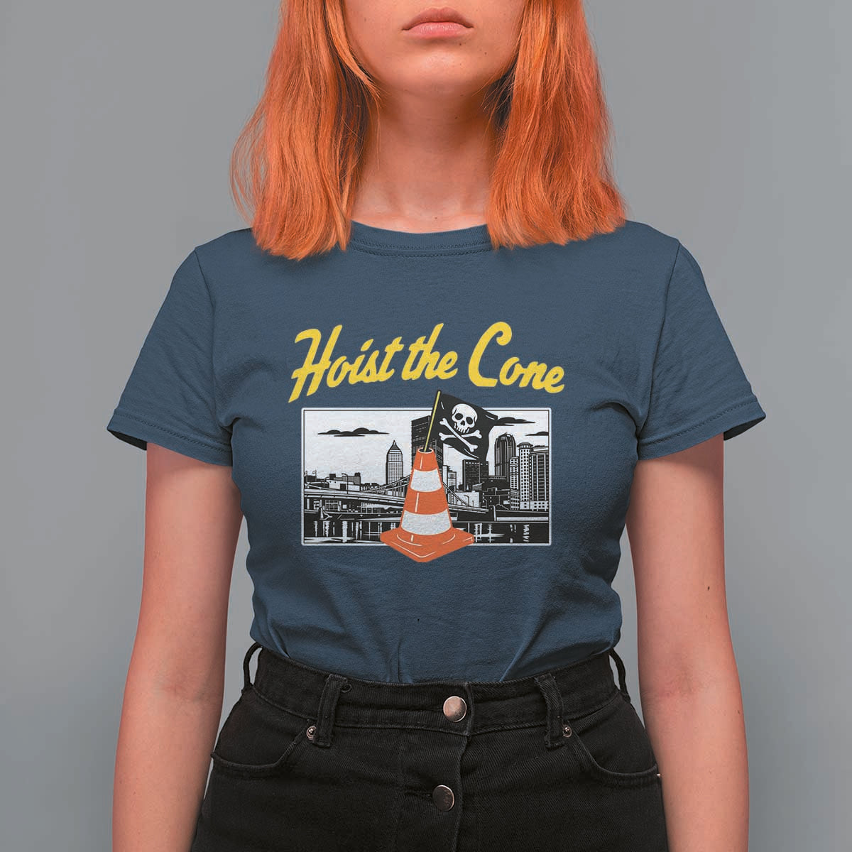 Pittsburgh Skyline Victory Hoist The Cone Meme T Shirt For Women Funny Sports Fan Celebration