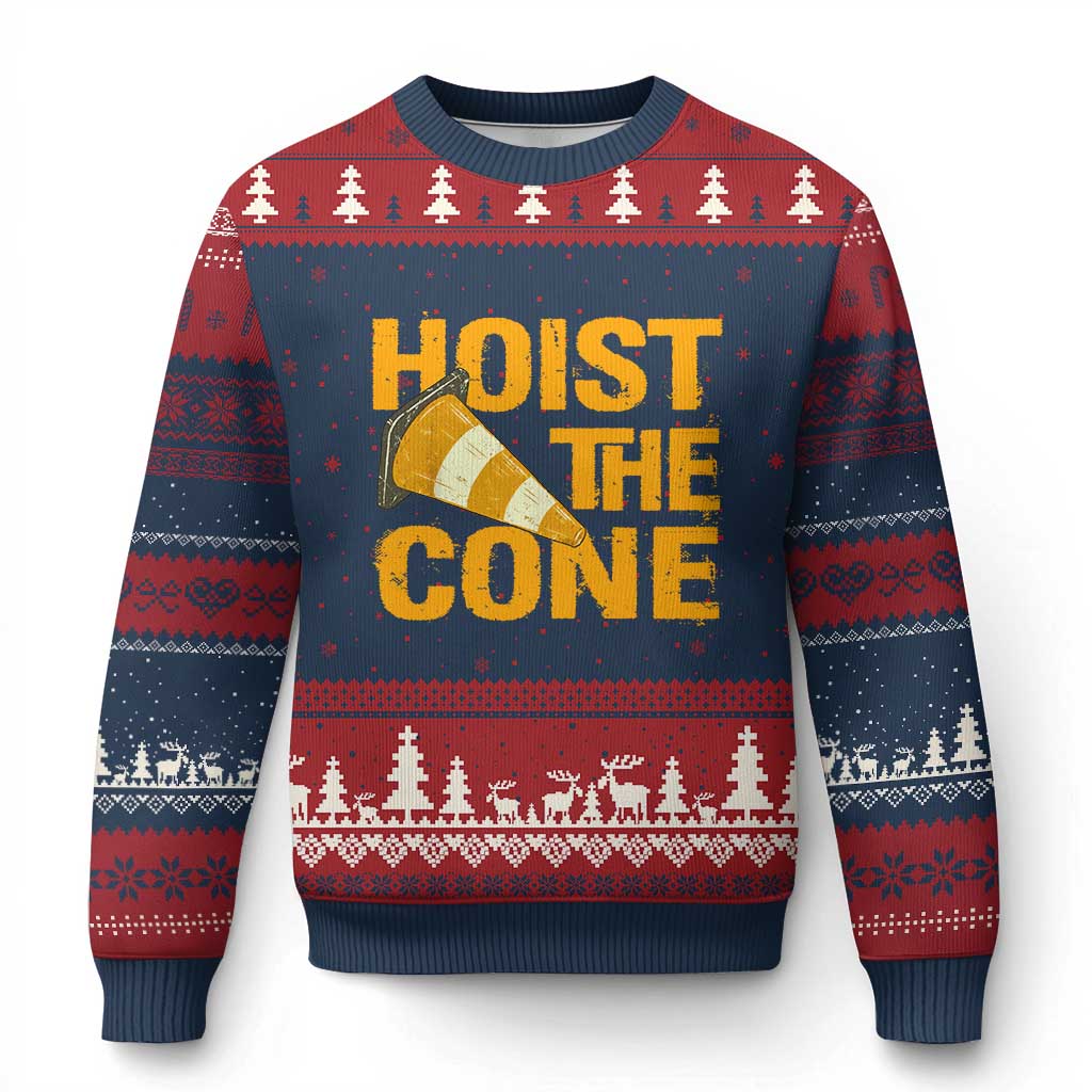 Vintage Hoist The Cone Distressed Graphic Ugly Christmas Sweater Funny Sports Meme Baseball Fan Victory Celebration