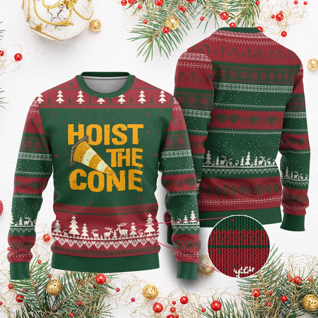 Vintage Hoist The Cone Distressed Graphic Ugly Christmas Sweater Funny Sports Meme Baseball Fan Victory Celebration