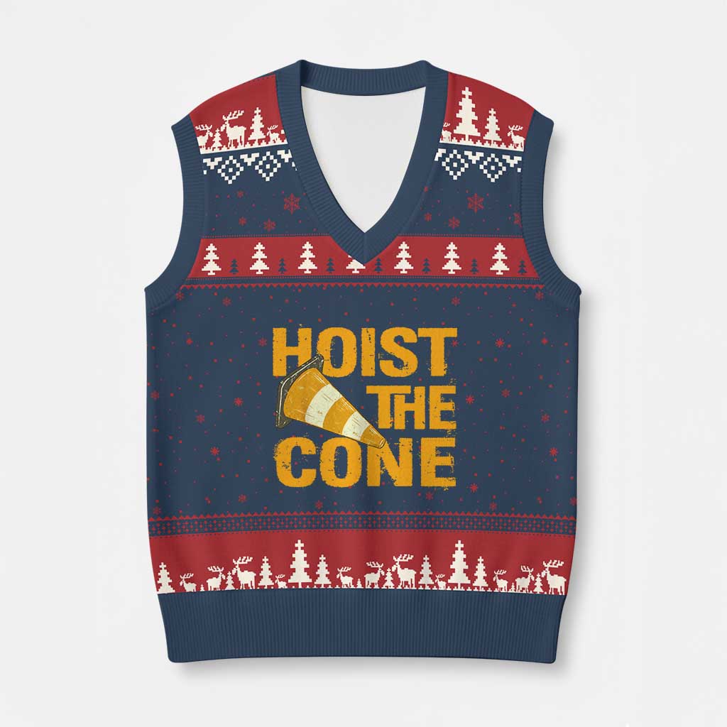 Vintage Hoist The Cone Distressed Graphic V-Neck Knit Sweater Vest Funny Sports Meme Baseball Fan Victory Celebration