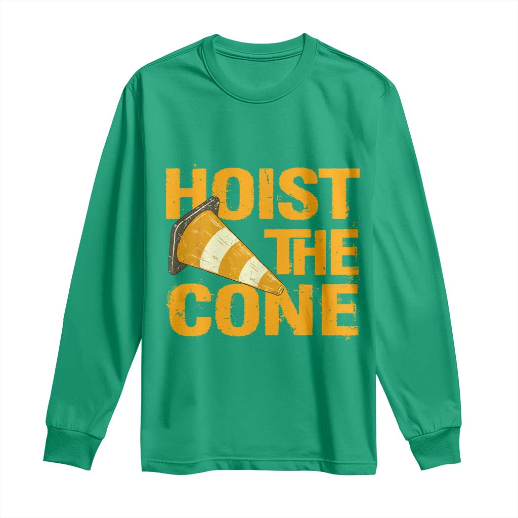 Vintage Hoist The Cone Distressed Graphic Long Sleeve Shirt Funny Sports Meme Baseball Fan Victory Celebration