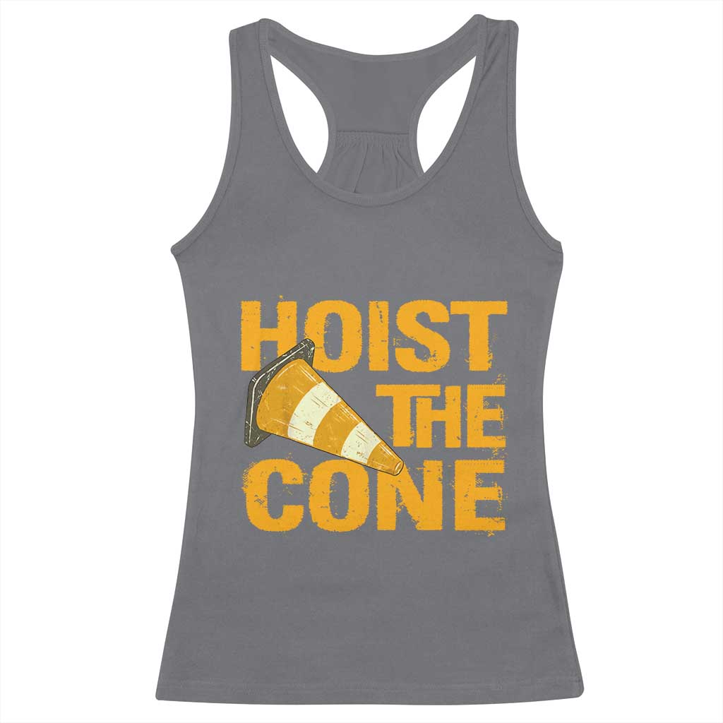 Vintage Hoist The Cone Distressed Graphic Racerback Tank Top Funny Sports Meme Baseball Fan Victory Celebration