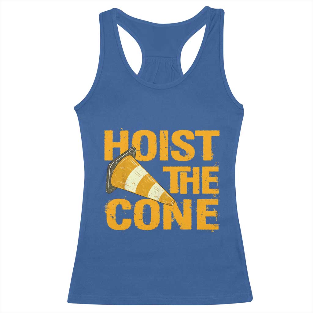 Vintage Hoist The Cone Distressed Graphic Racerback Tank Top Funny Sports Meme Baseball Fan Victory Celebration