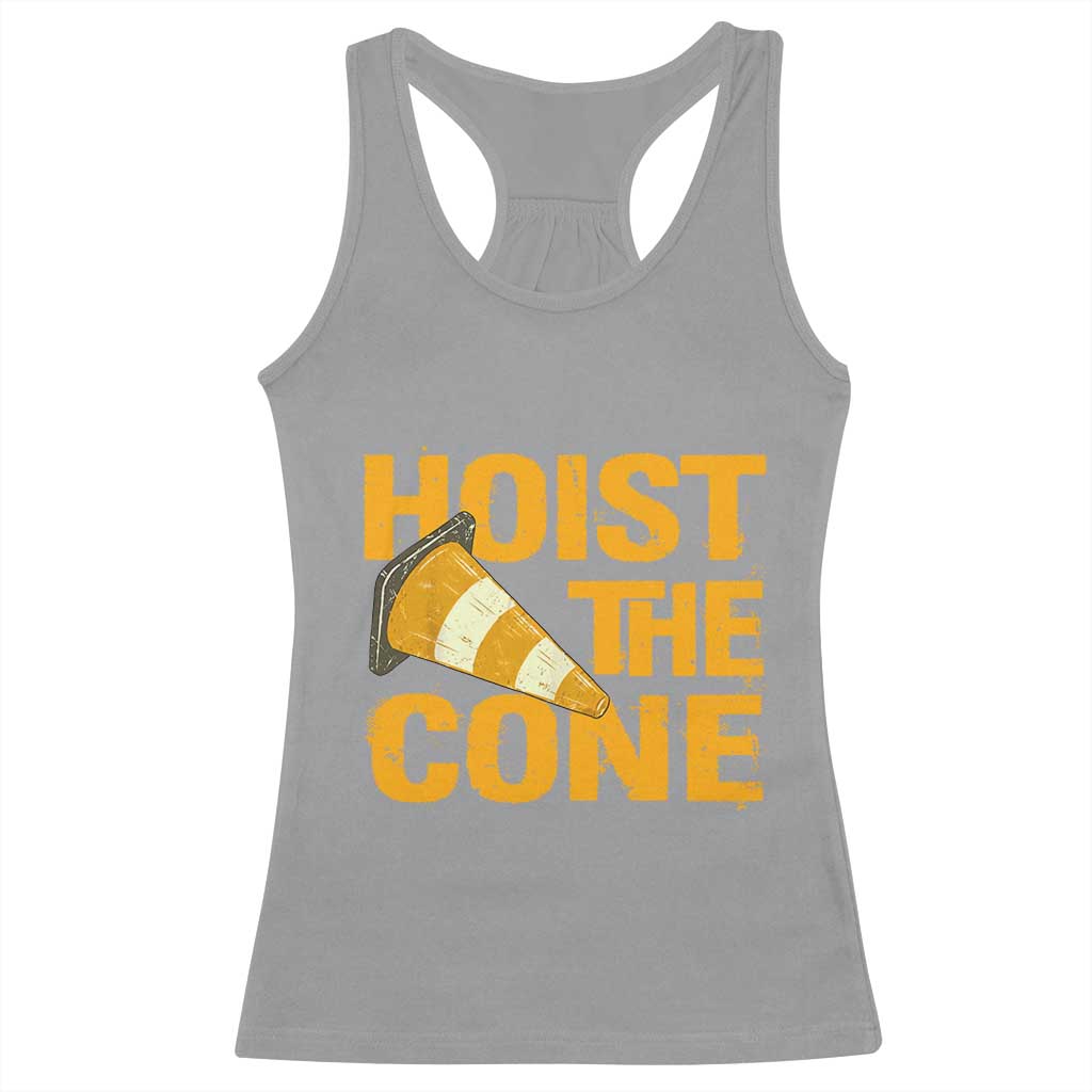 Vintage Hoist The Cone Distressed Graphic Racerback Tank Top Funny Sports Meme Baseball Fan Victory Celebration
